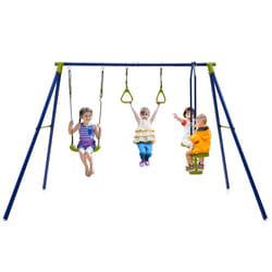 3-in-1 Children Swing Set Metal A-Frame Swing Set Swing Glider w/ 2 Gym Ring