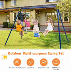 3-in-1 Children Swing Set Metal A-Frame Swing Set Swing Glider w/ 2 Gym Ring
