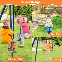 3-in-1 Children Swing Set Metal A-Frame Swing Set Swing Glider w/ 2 Gym Ring