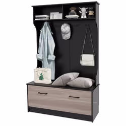 3-in-1 Freestanding Hall Coat Rack Stand Shoe Bench with 5 Hooks and Cabinet