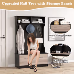 3-in-1 Freestanding Hall Coat Rack Stand Shoe Bench with 5 Hooks and Cabinet