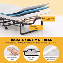 Folding Single Bed Portable Metal Guest Bed 10cm Memory Foam Mattress