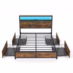 Double Size Bed Frame Metal Bed Platform LED Light Headboard & 4 Storage Drawers
