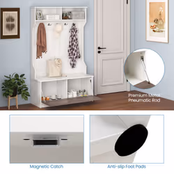 3-in-1 Freestanding Hall Coat Rack Stand Shoe Bench with 5 Hooks and Cabinet