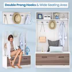 3-in-1 Freestanding Hall Coat Rack Stand Shoe Bench with 5 Hooks and Cabinet