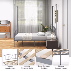 Double Size Metal Canopy Bed Frame 4-Poster Modern Platform Wooden Slat Support