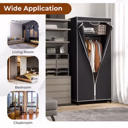 Single Fabric Wardrobe Folding Clothes Closet with Hanging Rail and Zippers