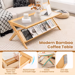 2-Tier Rectangular Coffee Table Modern Center Bamboo Table with Glass Tabletop