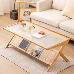 2-Tier Rectangular Coffee Table Modern Center Bamboo Table with Glass Tabletop
