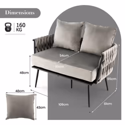 Modern 2 Seater Sofa Upholstered Loveseat Couch Woven Double Sofa Chair W/ Arms