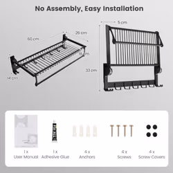 Foldable Bathroom Towel Rack Wall Mounted Towel Shelf w/ Adjustable Towel Bar