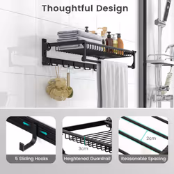 Foldable Bathroom Towel Rack Wall Mounted Towel Shelf w/ Adjustable Towel Bar