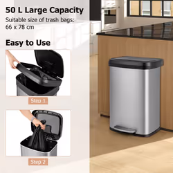50L Rectangular Waste Bin Stainless Steel Step Trash Can Recycling