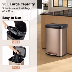 50L Rectangular Waste Bin Stainless Steel Step Trash Can Recycling