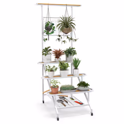 4-Tier Hanging Plant Stand Ladder Shelf W/Trellis & Hanging Bar Plant Pot Holder