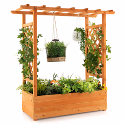 Raised Garden Bed Planter Box w/ Side & Top Trellis for Vine Climbing Plants