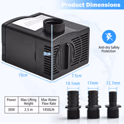 1450L/H 30W Submersible Pump Fountain Water Pump with 2.5M High Lift 3 Nozzles