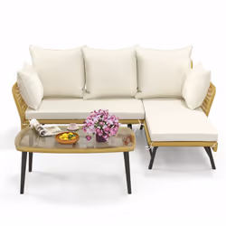 Outdoor Wicker Furniture Set 3-PieceLoveseat Patio Sofa with Cushions & Table