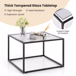 Tempered Glass Top Coffee Table Home Square Tea Table Accent Sofa Side Table