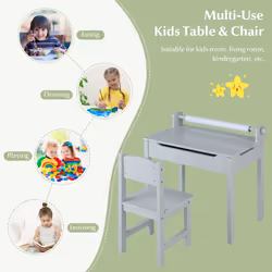 Children's Craft Desk and Chair Set Wooden Toddler Lift-top Table with Paper Roll
