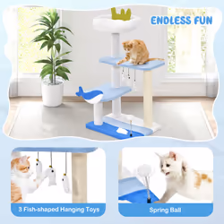 Ocean-themed 3-level Cat Tree w/ Sisal Scratching Posts Hanging Ball Cat Activity Center