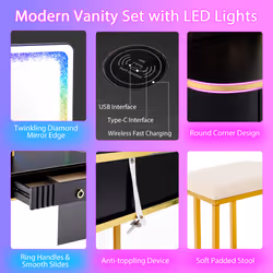 Dressing Vanity Table & Stool Set w/Mirror 7 Lights Modes & Charging Station