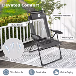 Patio Folding Chairs Set of 2 Outdoor Recliner w/Wide Armrests &7-Level Backrest