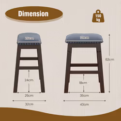 Set of 2 Bar Stools Saddle Padded Seat Counter Height Stools W/ Wood Legs