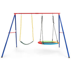 Kids Swing Set A-Frame Metal Swing Stand W/ Saucer Swing Seat & Belt Swing Seat