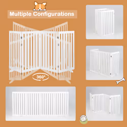 89 cm Pet Barrier 4-Panel Wooden Freestanding Dog Gate Step Over Fence