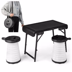 3-Piece Folding Camping Table & Stool Set with 2 Retractable LED Stools