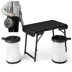 3-Piece Folding Camping Table & Stool Set with 2 Retractable LED Stools