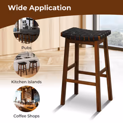 Set of 2 Woven Saddle Stools Faux PU Leather Counter Height Stools 78cm Barstool