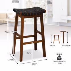 Set of 2 Woven Saddle Stools Faux PU Leather Counter Height Stools 78cm Barstool