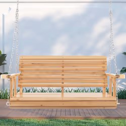 2-Person Garden Hanging Swing Chair Wooden Swing Bench W/ Armrest Cup Holders