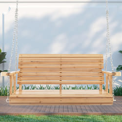 2-Person Garden Hanging Swing Chair Wooden Swing Bench W/ Armrest Cup Holders