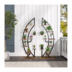 2 PCS 8-Tier Wooden Plant Stand Rack Half Moon Shape Ladder Planter Shelf Pot Stand