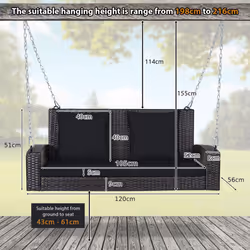 2-Seat Rattan Swing Loveseat Outdoor Hanging Bench W/ Cushions