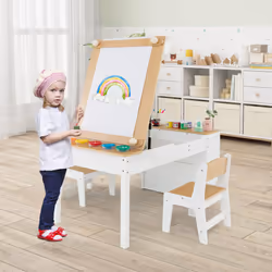 2-in-1 Table and Easel Set W/ Chairs Toddler Play Activity Drawing Desk Side Storage