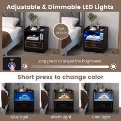 Bedside Table LED Light Sofa End Table W/ Drawer & Charge Station