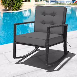 Rattan Garden Rocking Chair Wicker Rocker Metal Frame W/ Soft Cushion