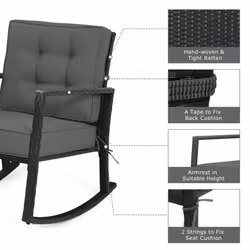 Rattan Garden Rocking Chair Wicker Rocker Metal Frame W/ Soft Cushion