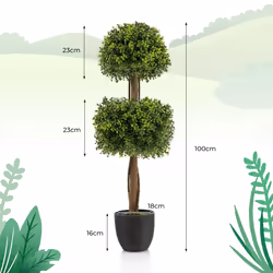 2 PCS 100CM Artificial Boxwood Topiary Ball Tree with Cement-filled Plastic Pot
