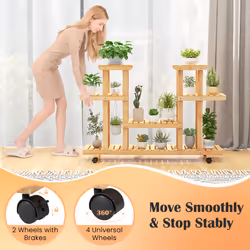 Wooden 4-Tier Flower Plant Stand Symmetric Flower Pot Shelf 4 Wheels