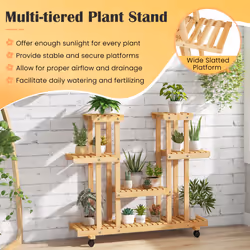 Wooden 4-Tier Flower Plant Stand Symmetric Flower Pot Shelf 4 Wheels