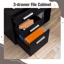 3-Drawer Filing Cabinet Printer Stand W/ Wheels Hanging Bars Open Shelves