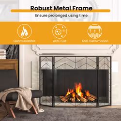 3-Panel Folding Fireplace Screen Spark Guard W/ Mesh Pattern 132 x 79 CM