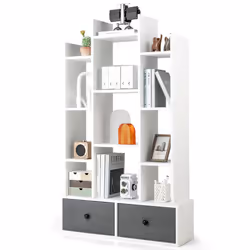 Open-Back Bookshelf Wood Standing Bookcase 12 Compartments W/ Drawers