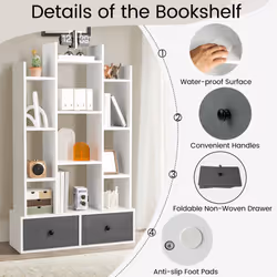 Open-Back Bookshelf Wood Standing Bookcase 12 Compartments W/ Drawers