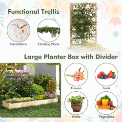Outdoor Wooden Raised Garden Bed Divided Planter Box W/ Trellis Natural